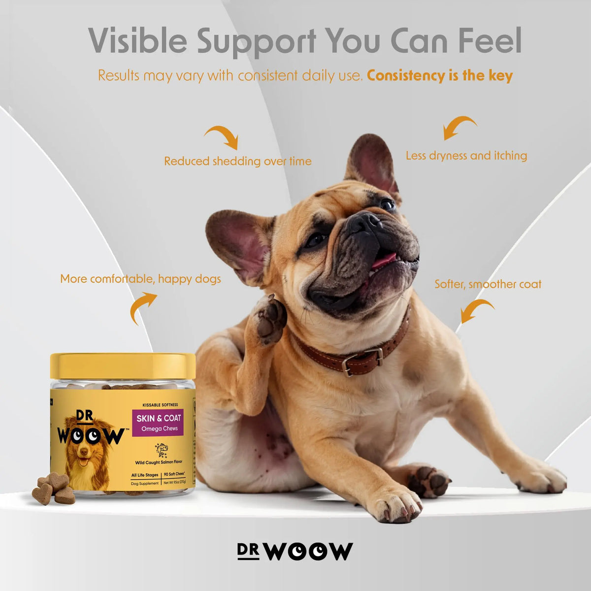 Dr. Woow Premium Salmon Flavor Soft Chews for Dogs - High Protein Treats with Biotin and Vitamins for Shiny Coat and Healthy Skin Support