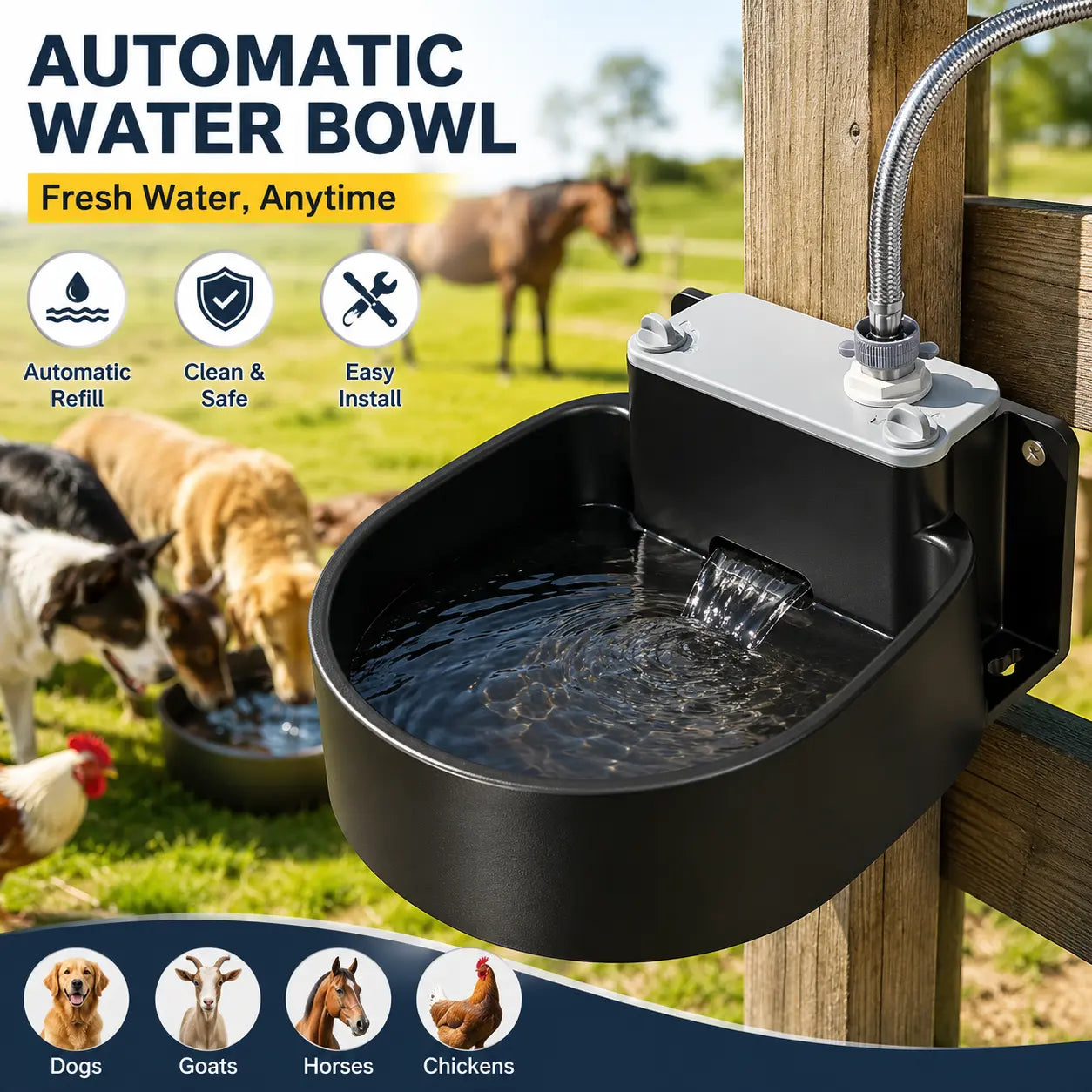 Farmparadise Automatic Animal Water Bowl - Dog Water Dispenser Featuring Float Valve, Filter, Hose & Adapter for Outdoor Livestock Use, Ideal for Goats and Chicken Coops