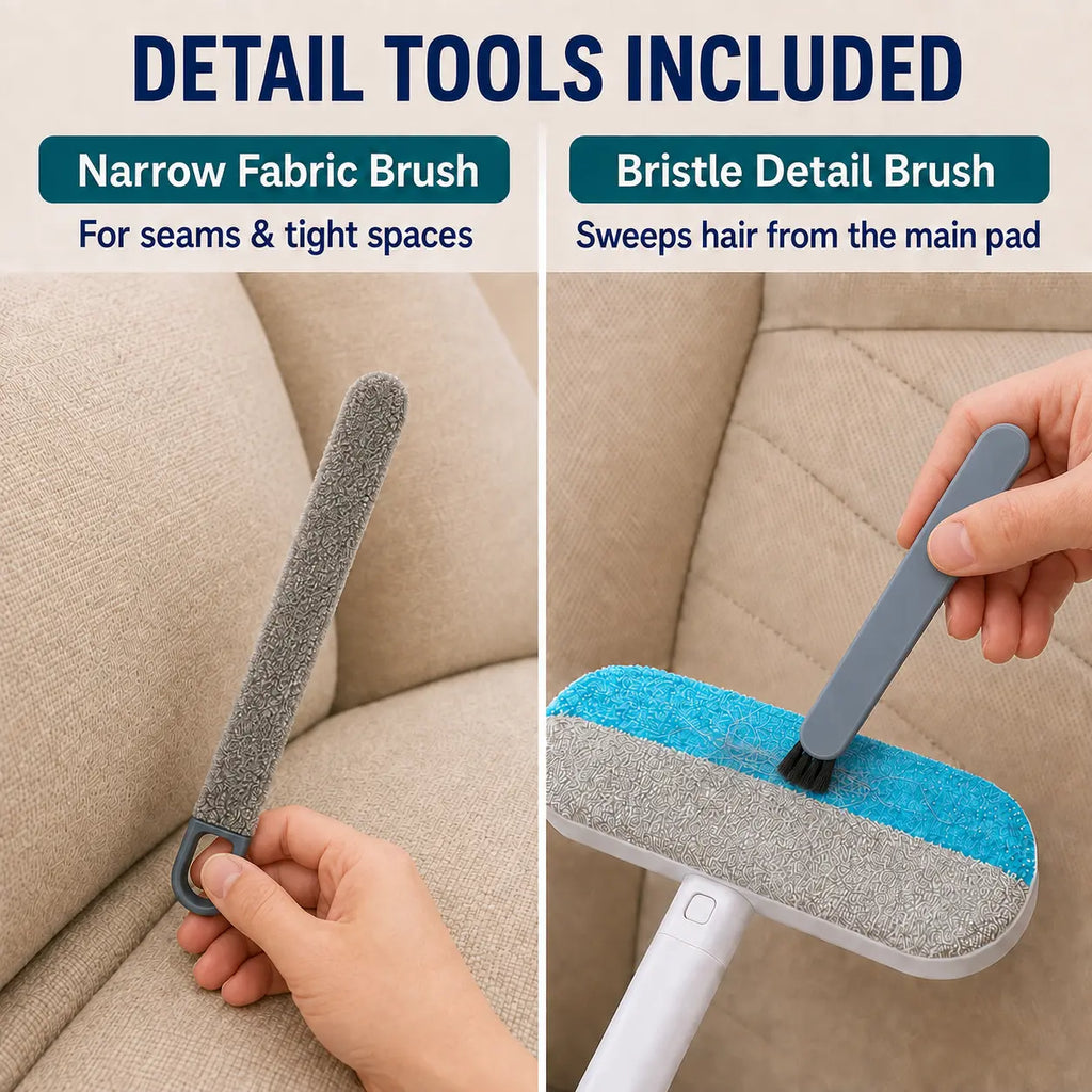 4-in-1 Reusable Pet Hair Removal Brush with Extended Handle and Detail Brushes for Sofas, Rugs, Carpets, Bedding, and Fabric Car Seats