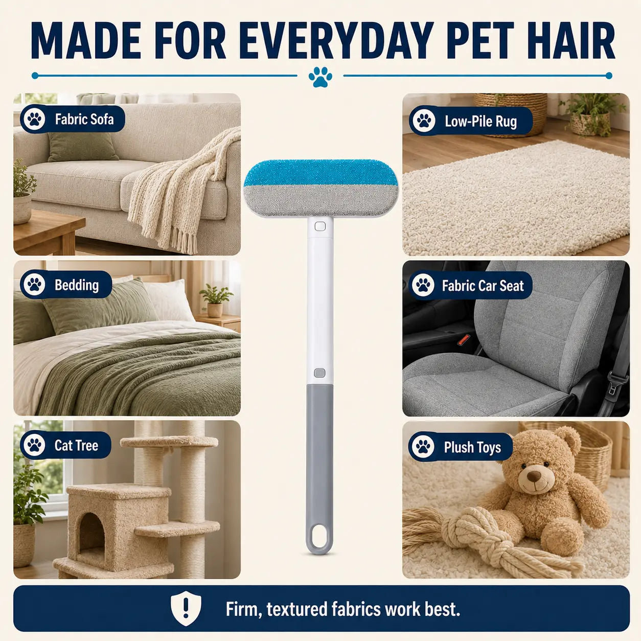 4-in-1 Reusable Pet Hair Removal Brush with Extended Handle and Detail Brushes for Sofas, Rugs, Carpets, Bedding, and Fabric Car Seats