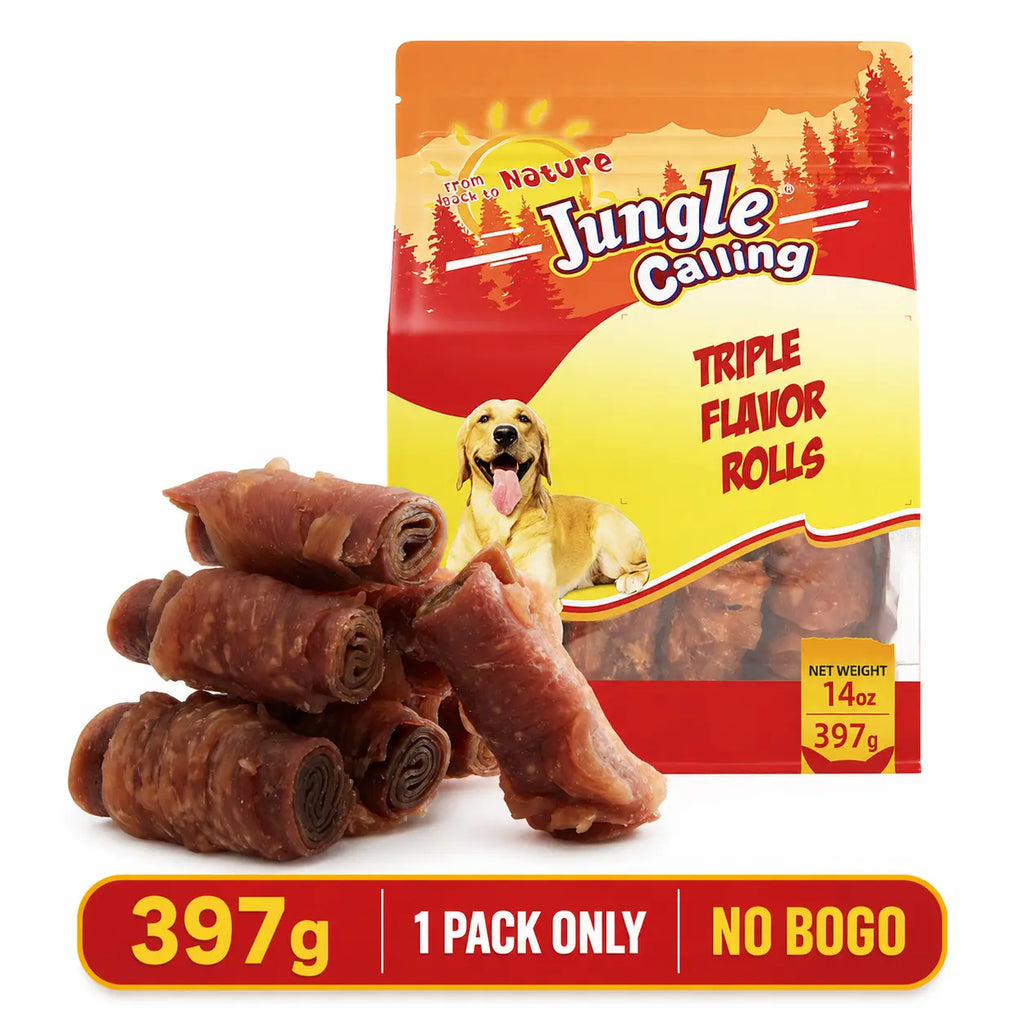 「Buy 1 Get 1 Free」Jungle Calling Chicken, Duck, Beef, Sweet Potato & Pumpkin Kabob Dog Treats, Multi-Flavor Dog Chews, Rawhide Sticks, Chew Sticks, Kabob Treats, Pet Snacks, Reward Treats, Training , Chicken Breast Wrapped Cod Stix,Triple FLAVOR ROLLS