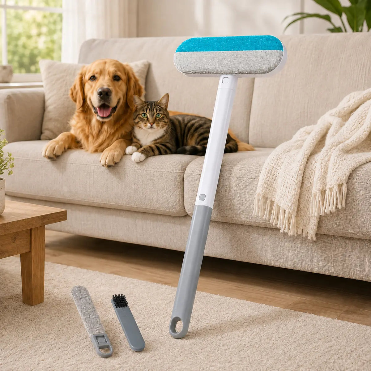 4-in-1 Reusable Pet Hair Removal Brush with Extended Handle and Detail Brushes for Sofas, Rugs, Carpets, Bedding, and Fabric Car Seats