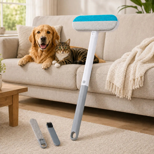 4-in-1 Reusable Pet Hair Removal Brush with Extended Handle and Detail Brushes for Sofas, Rugs, Carpets, Bedding, and Fabric Car Seats