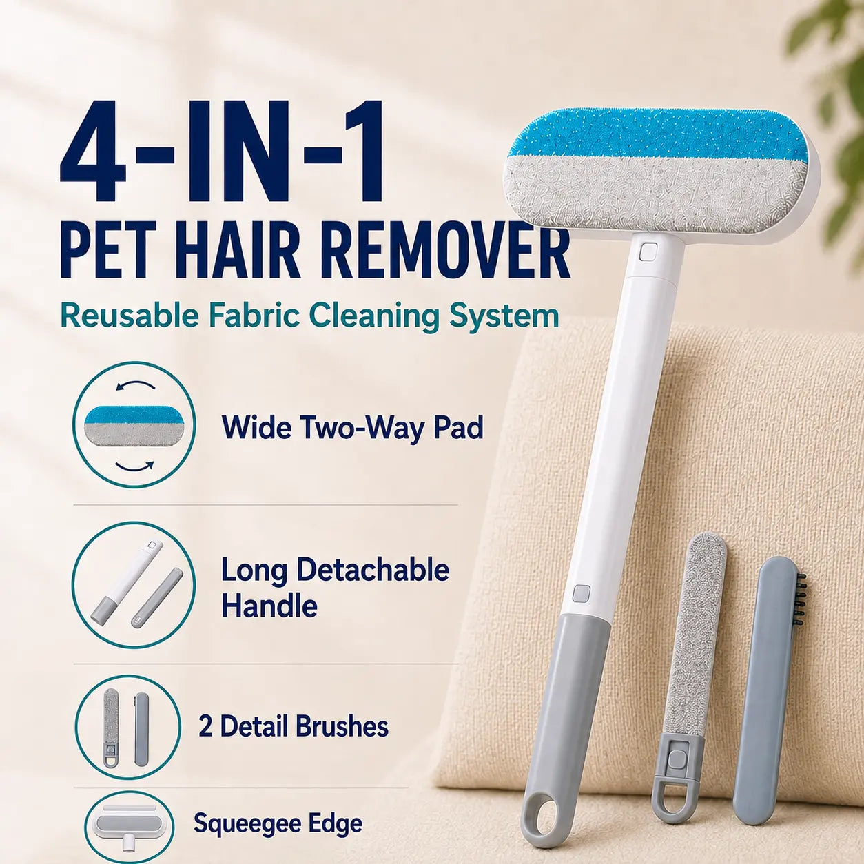 4-in-1 Reusable Pet Hair Removal Brush with Extended Handle and Detail Brushes for Sofas, Rugs, Carpets, Bedding, and Fabric Car Seats