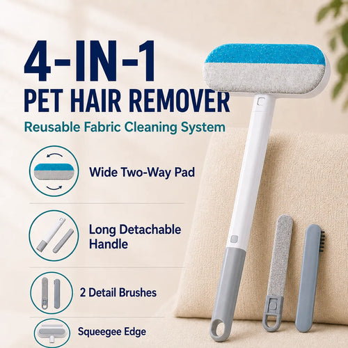 4-in-1 Reusable Pet Hair Removal Brush with Extended Handle and Detail Brushes for Sofas, Rugs, Carpets, Bedding, and Fabric Car Seats