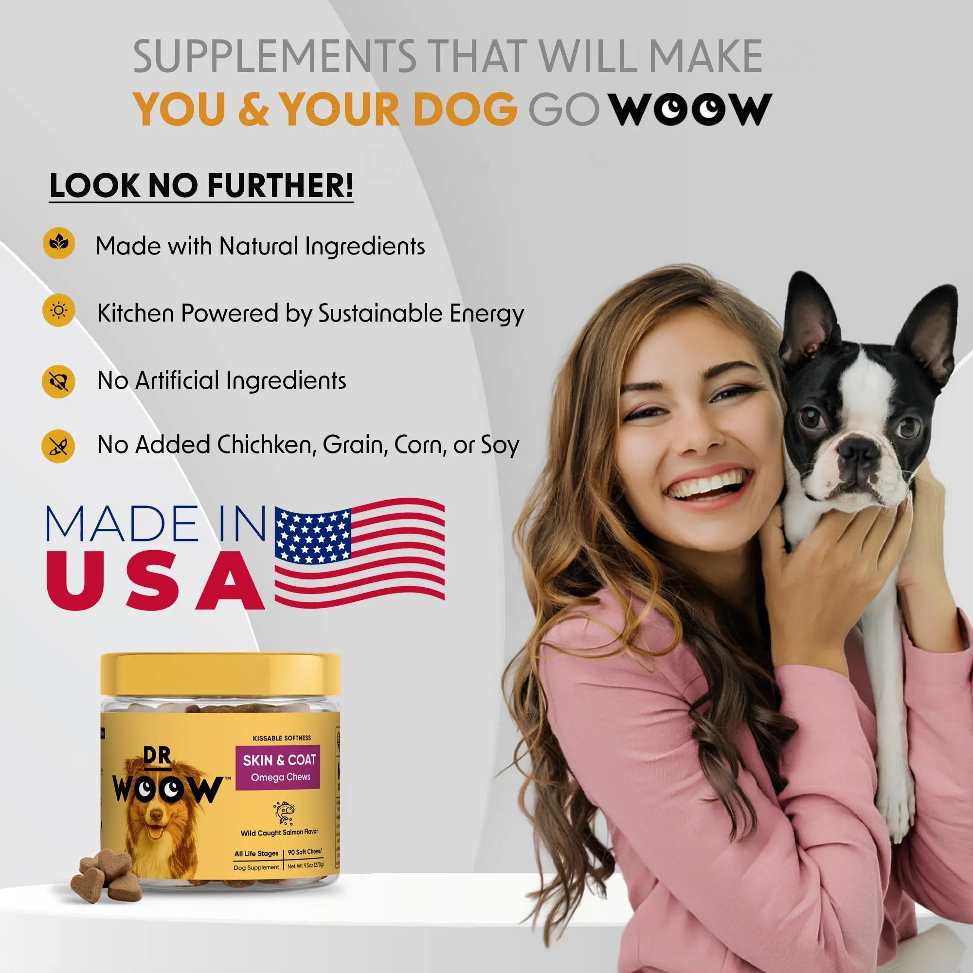 Dr. Woow Premium Salmon Flavor Soft Chews for Dogs - High Protein Treats with Biotin and Vitamins for Shiny Coat and Healthy Skin Support