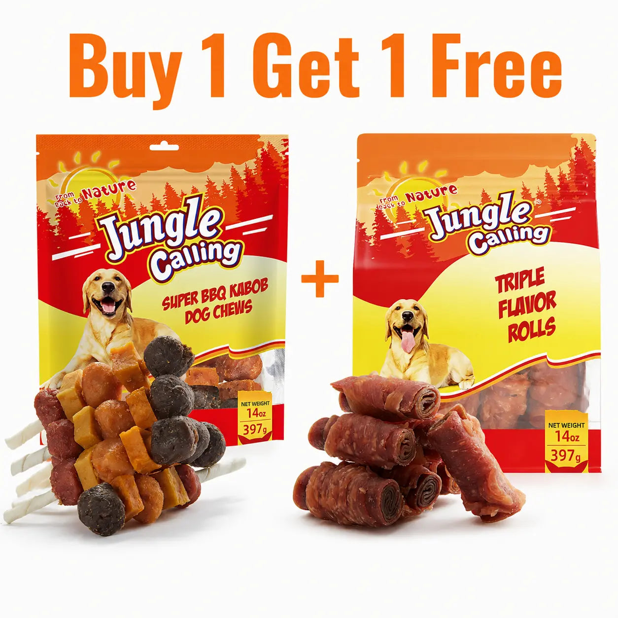 「Buy 1 Get 1 Free」Jungle Calling Chicken, Duck, Beef, Sweet Potato & Pumpkin Kabob Dog Treats, Multi-Flavor Dog Chews, Rawhide Sticks, Chew Sticks, Kabob Treats, Pet Snacks, Reward Treats, Training , Chicken Breast Wrapped Cod Stix,Triple FLAVOR ROLLS
