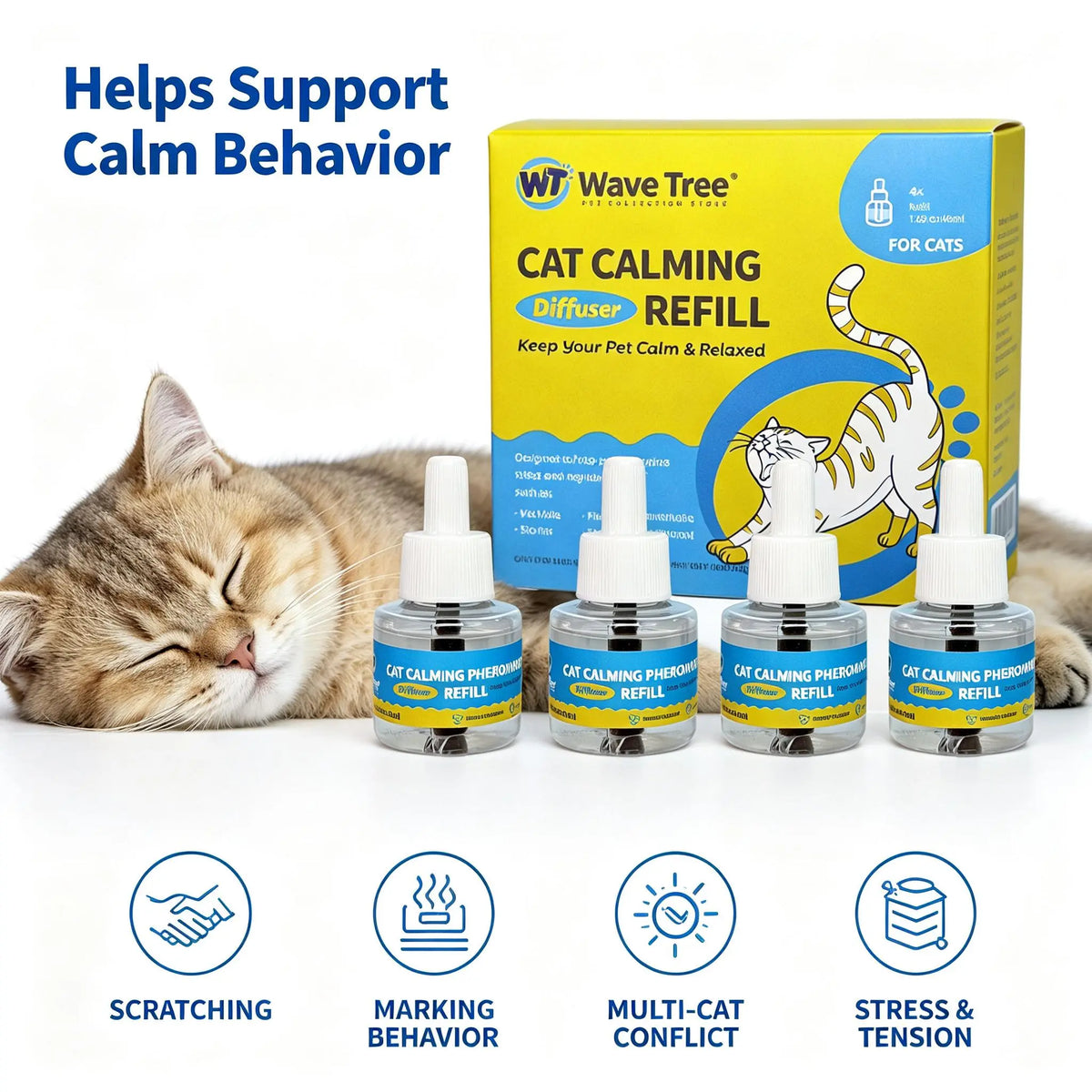 Wavetree Cat Calming Diffuser Refill Kit (4 Pack, 120-Day Supply), Odorless Liquid, Helps Reduce Meowing, Stress & Pee Spraying during Environmental Changes, 48 Ml/Bottle - Tiktokshopbacktoschool