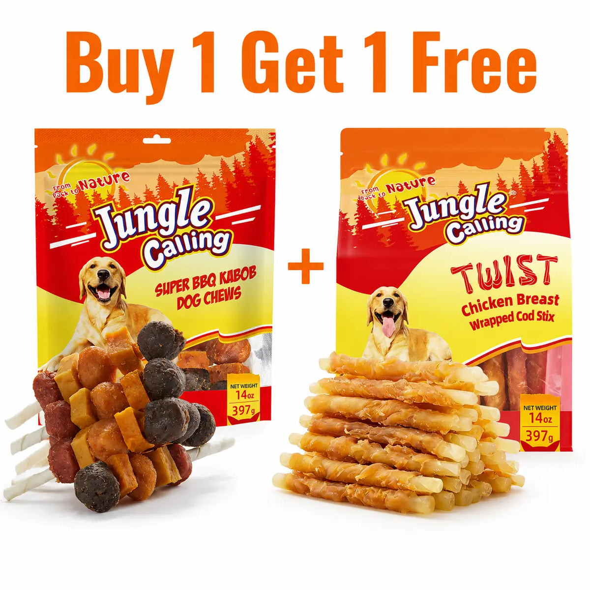 「Buy 1 Get 1 Free」Jungle Calling Chicken, Duck, Beef, Sweet Potato & Pumpkin Kabob Dog Treats, Multi-Flavor Dog Chews, Rawhide Sticks, Chew Sticks, Kabob Treats, Pet Snacks, Reward Treats, Training , Chicken Breast Wrapped Cod Stix,Triple FLAVOR ROLLS