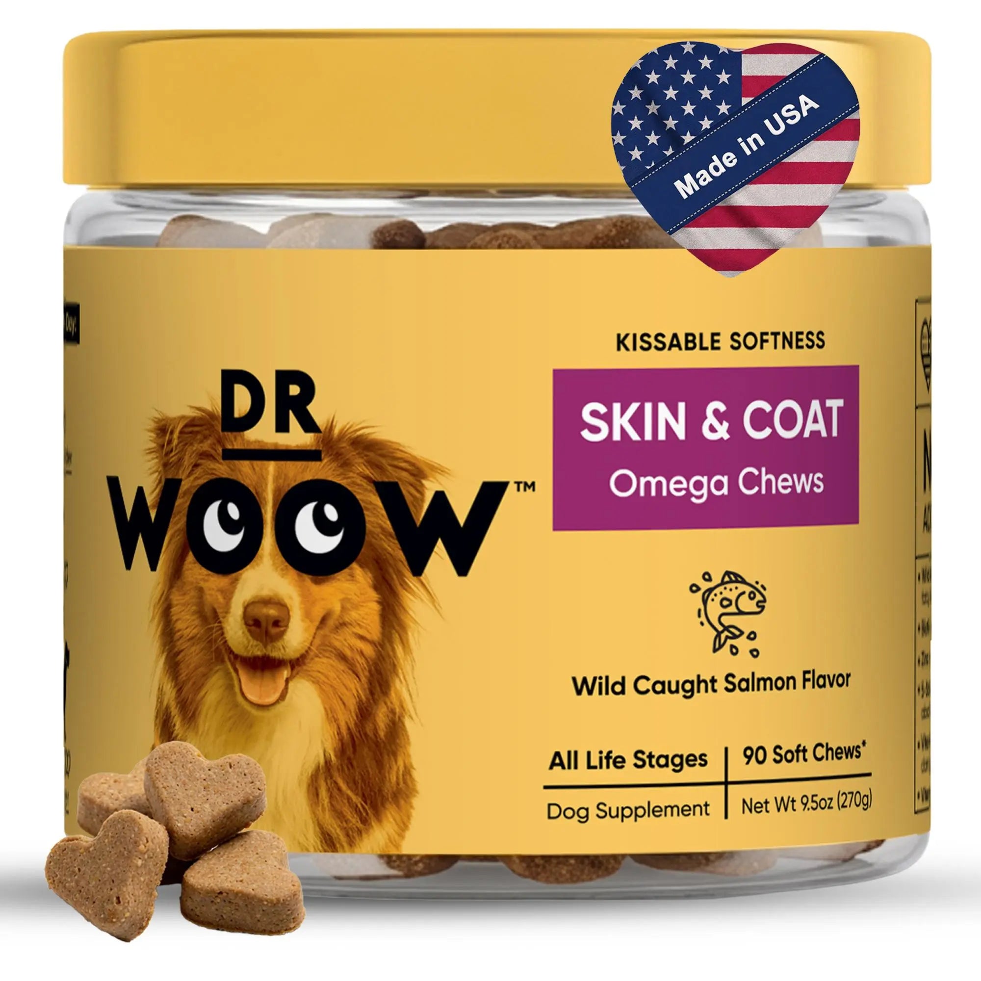 Dr. Woow Premium Salmon Flavor Soft Chews for Dogs - High Protein Treats with Biotin and Vitamins for Shiny Coat and Healthy Skin Support