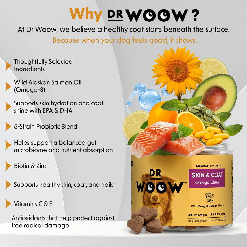 Dr. Woow Premium Salmon Flavor Soft Chews for Dogs - High Protein Treats with Biotin and Vitamins for Shiny Coat and Healthy Skin Support